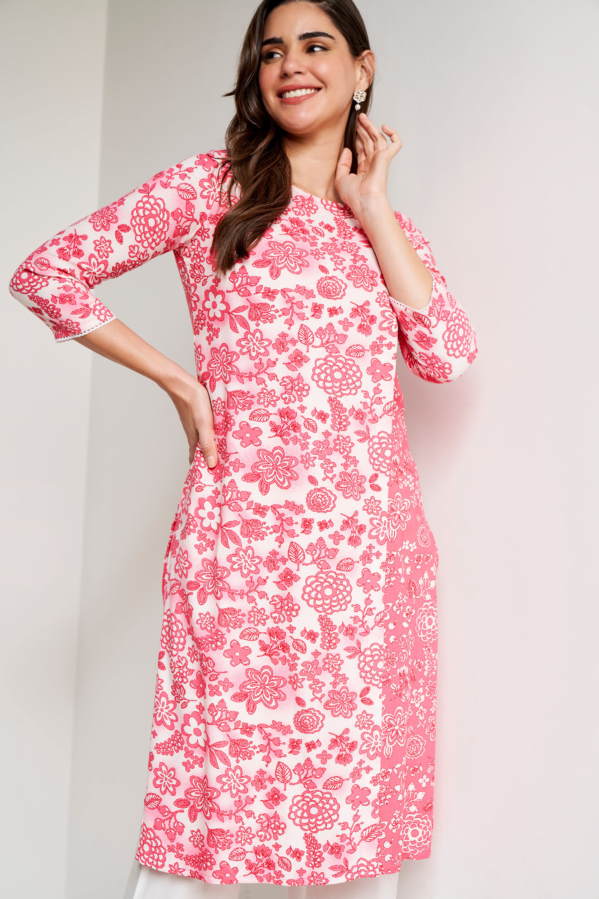 Pink Floral Straight Kurta, Pink, image 2